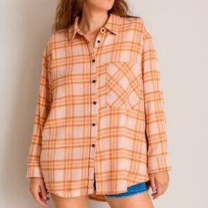 Aerie New Pink Plaid Flannel Oversized Button Front Preppy Boho Shirt SZ Small